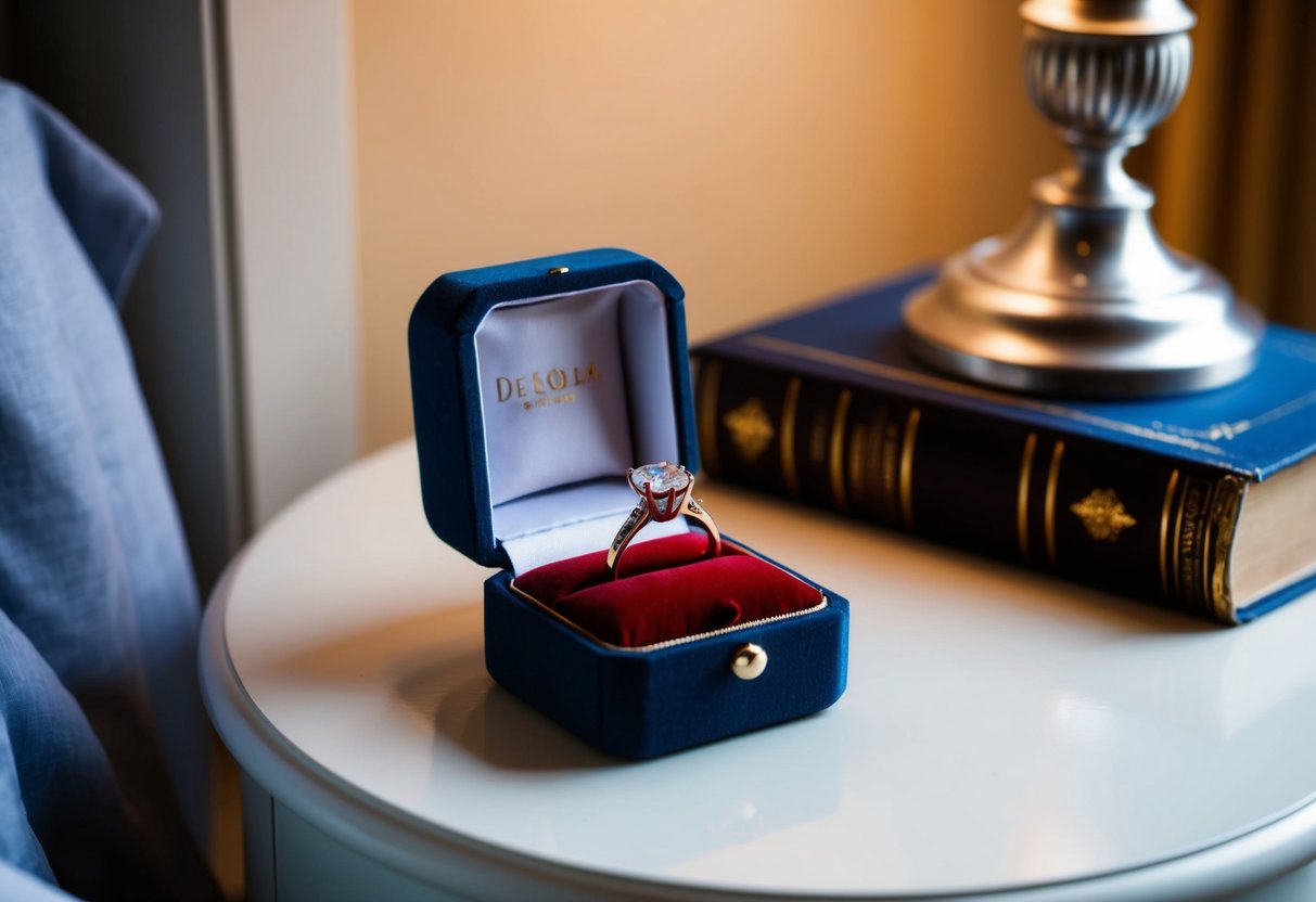 An elegant engagement ring placed on a soft velvet cushion inside a small, ornate jewelry box, sitting on a bedside table next to a lamp and a book