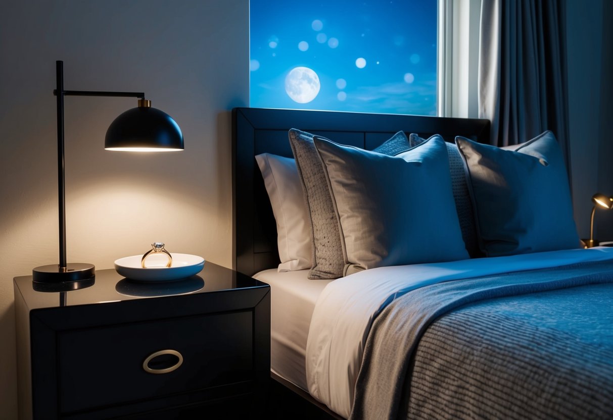 A nightstand with a ring dish, a cozy bed with soft pillows and blankets, and a moonlit window with curtains