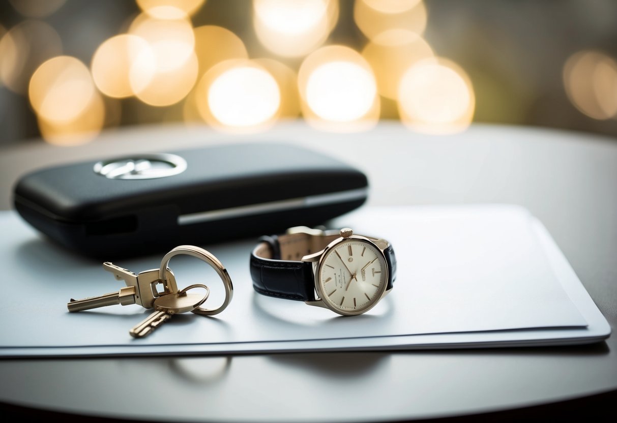 A table with a wedding ring placed next to a set of keys and a watch