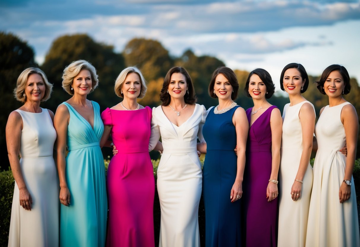 A group of women in elegant dresses stand together, with one woman at the center distinguished by her slightly different attire