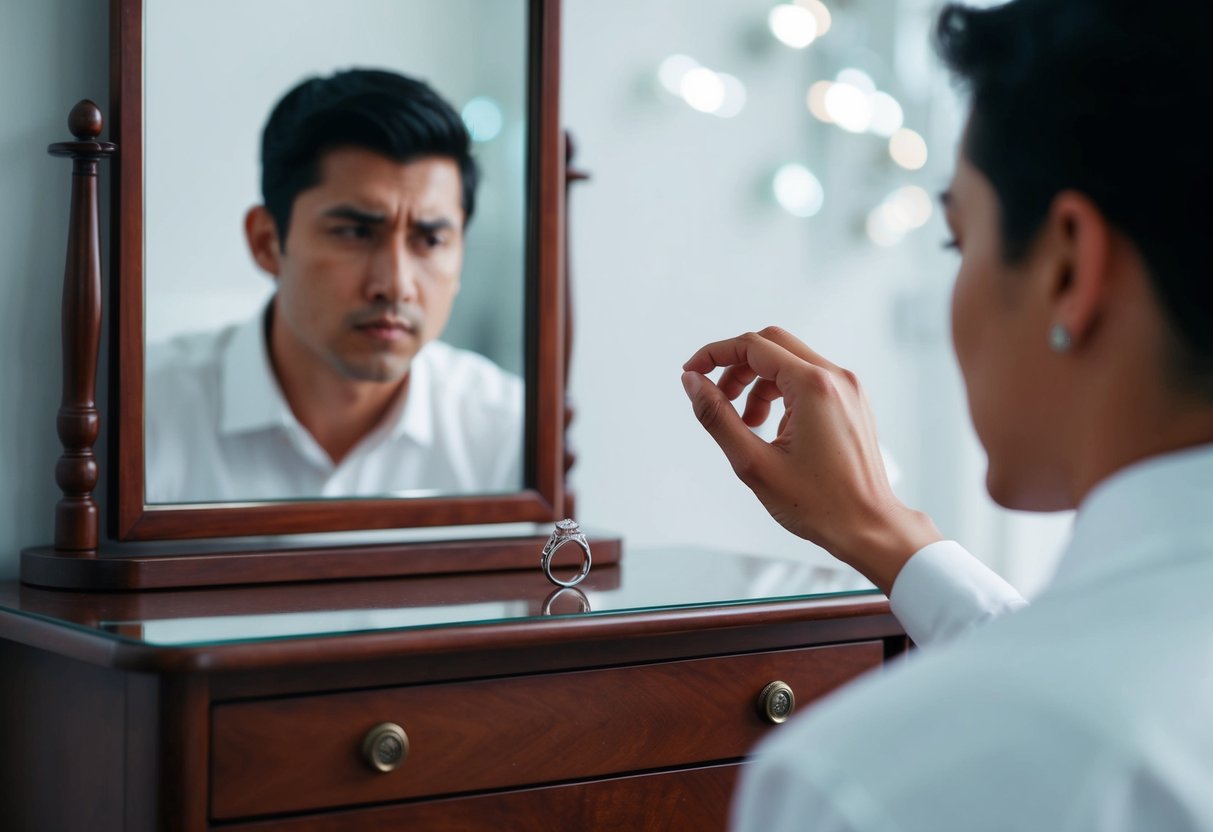 A hand reaching for a wedding ring on a dresser, while a conflicted expression is reflected in a mirror