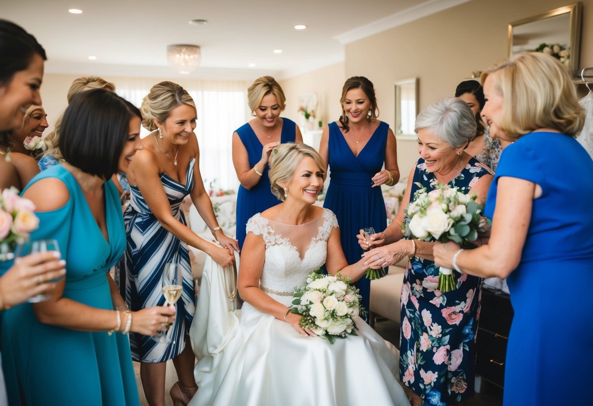 The mother of the bride is surrounded by family and friends, all engaged in pre-wedding activities such as dress fittings and bridal showers