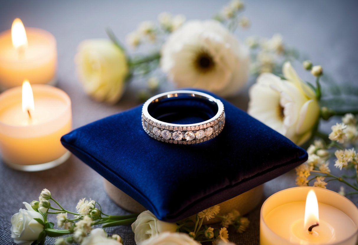 A sparkling wedding band rests on a velvet cushion, surrounded by soft candlelight and delicate floral arrangements