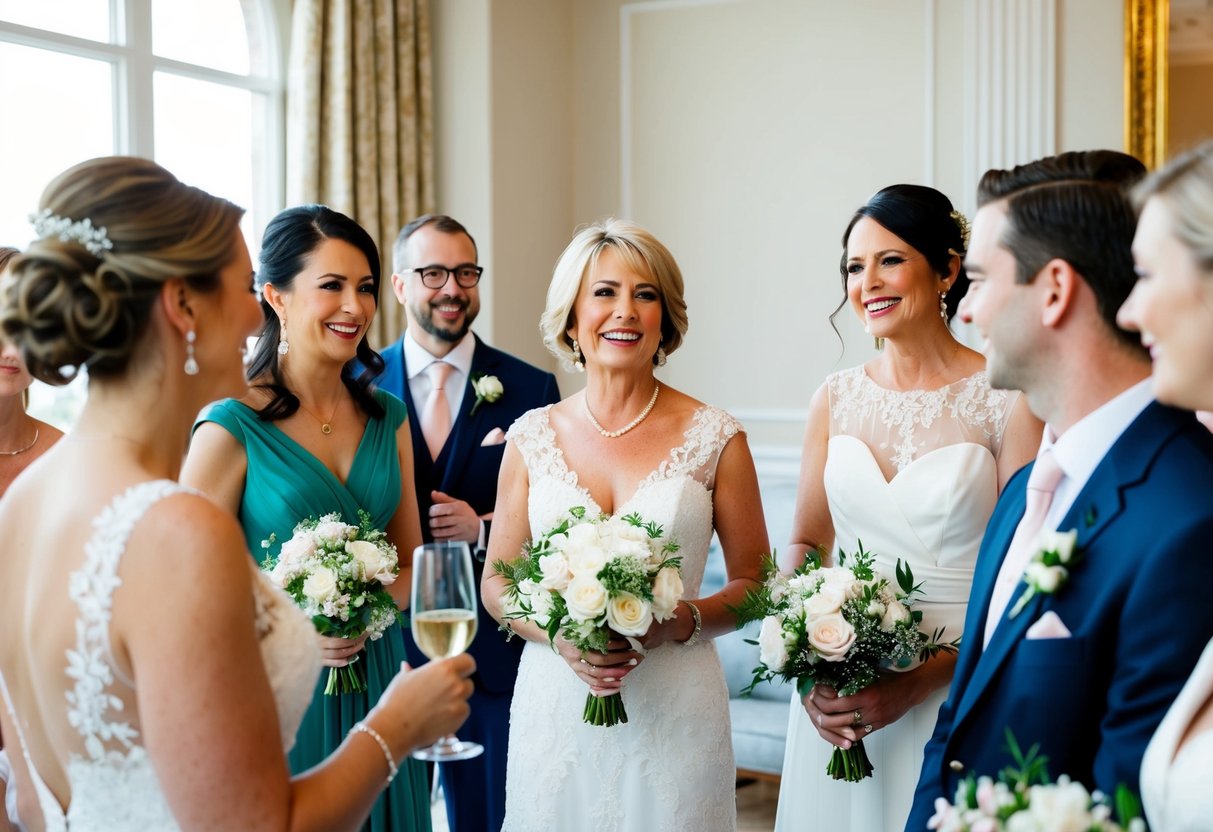 The mother of the bride converses with wedding guests and bridal party members in a joyful and elegant setting