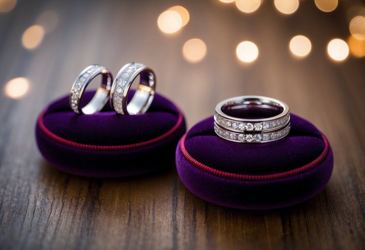 Two matching wedding bands and a bridal set displayed on a velvet cushion