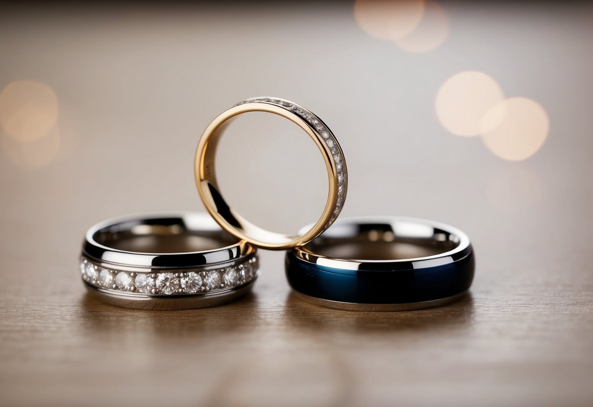 A wedding band being swapped out for a new one, with the old band placed next to it