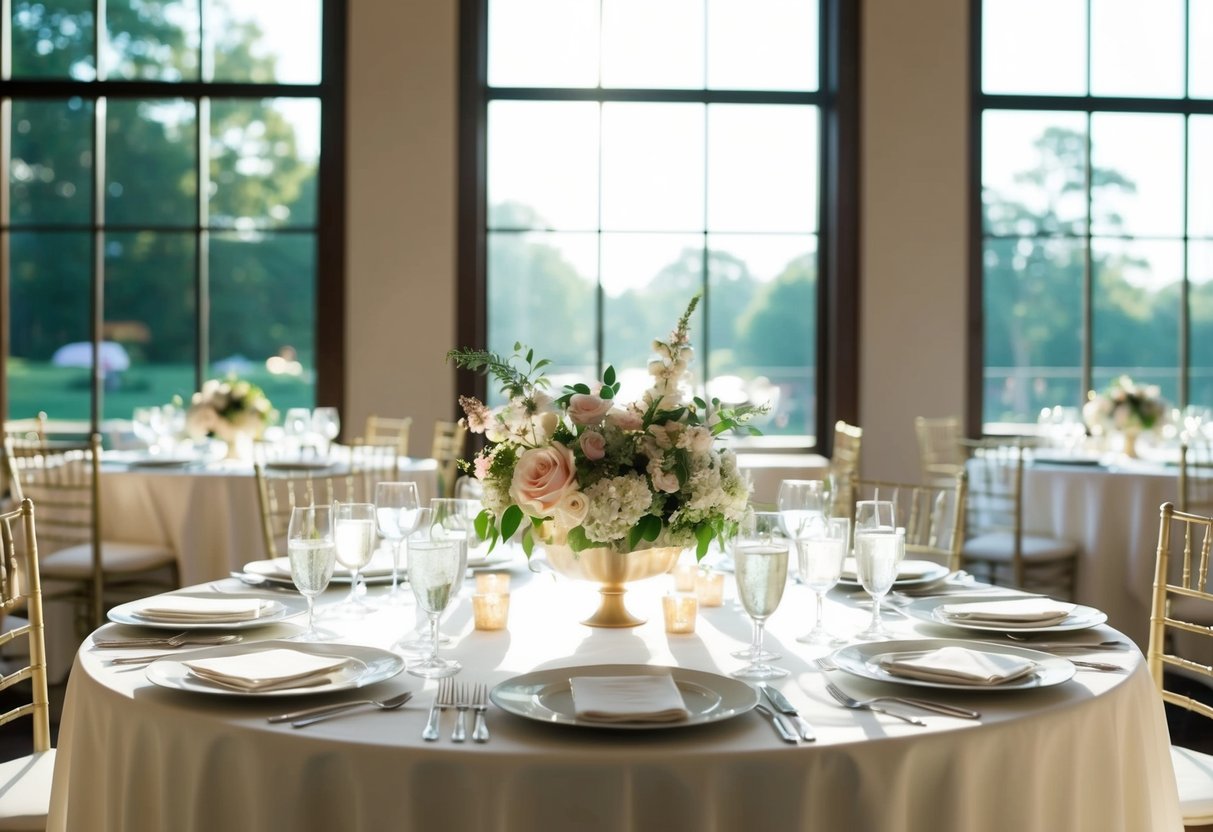 A table set with elegant place settings and floral centerpieces, with sunlight streaming in through large windows, indicating a midday start for a bridal luncheon
