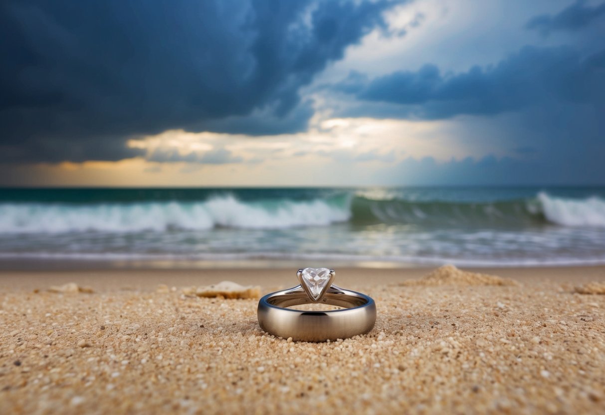 A wedding ring sits on a sandy beach, gently lapped by the waves of the ocean under a stormy sky