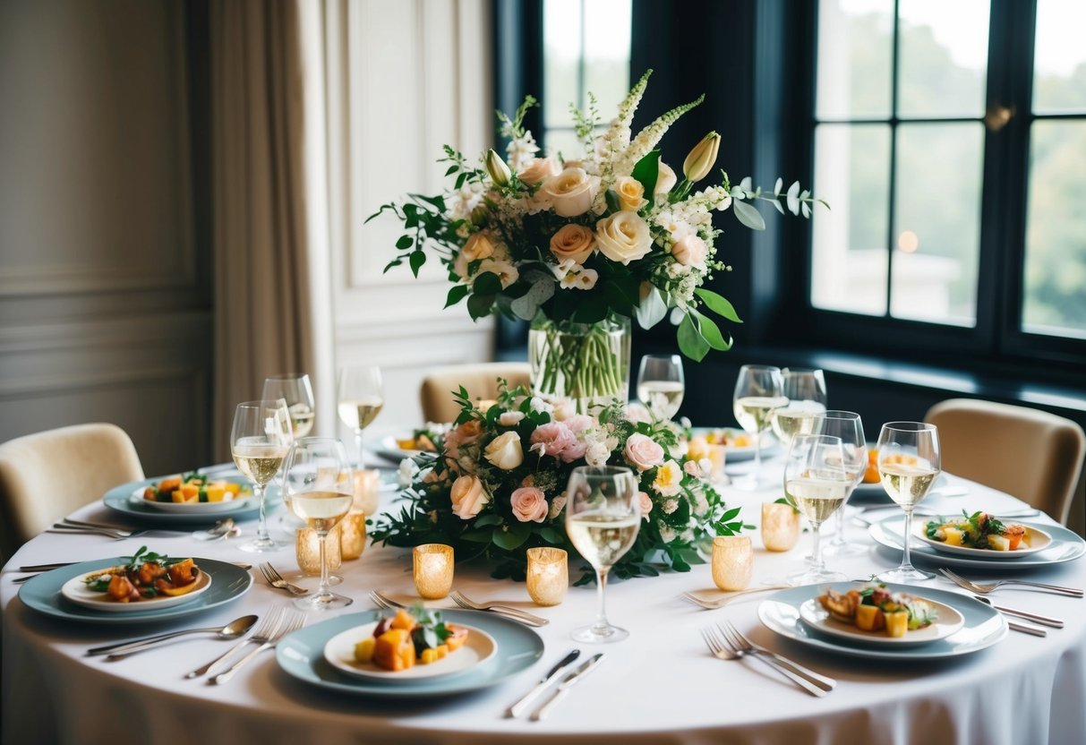 A table set with elegant place settings, floral centerpieces, and a spread of delicious food, all bathed in soft, natural light from a nearby window