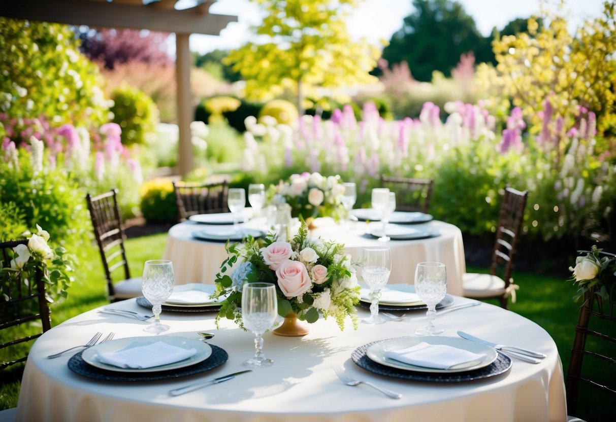 A sunny outdoor garden with a decorated table set for a bridal luncheon, surrounded by blooming flowers and greenery