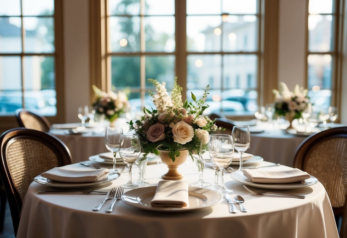 A table set with elegant place settings and floral centerpieces, bathed in soft natural light filtering through the windows of a cozy, upscale restaurant