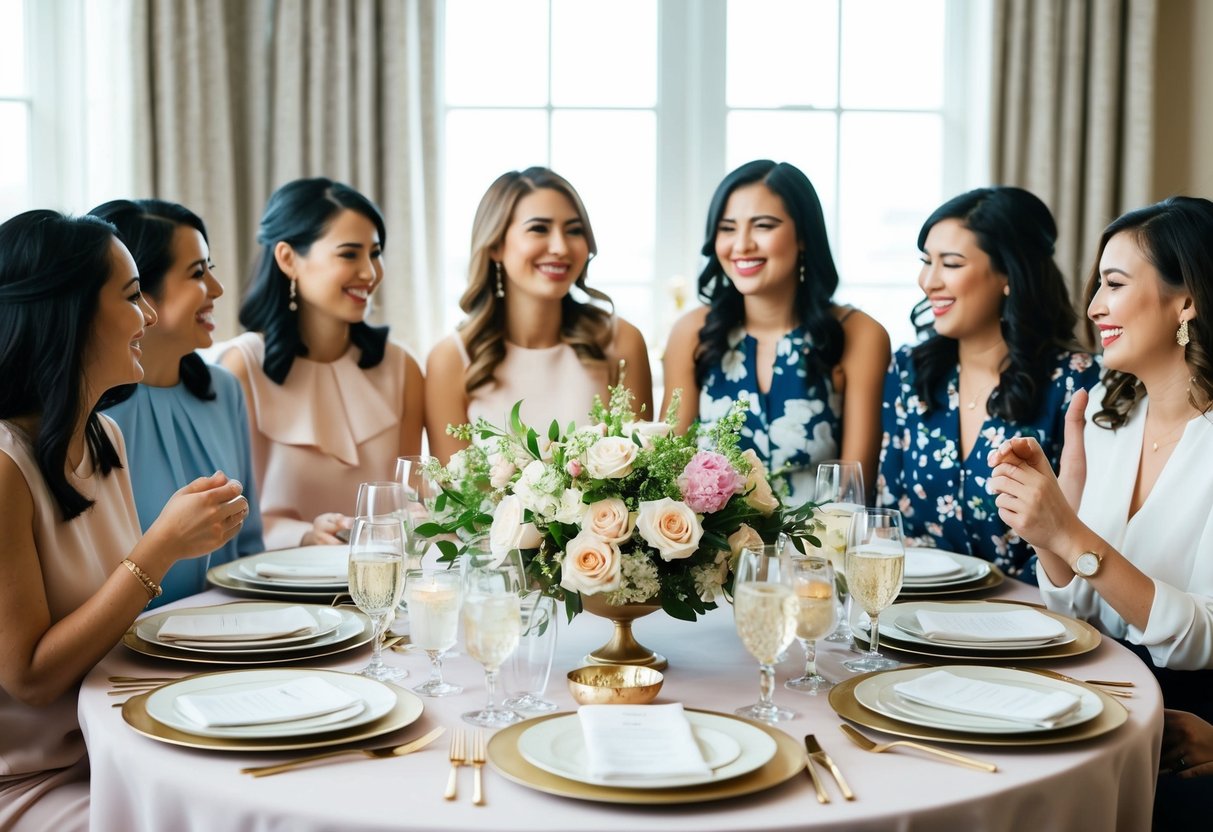 A table set with elegant place settings and floral centerpieces, surrounded by a group of women engaged in conversation and laughter