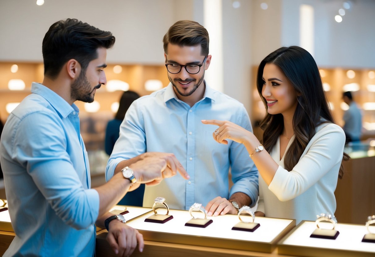 A couple browsing engagement rings in a jewelry store, discussing options and pointing at different styles