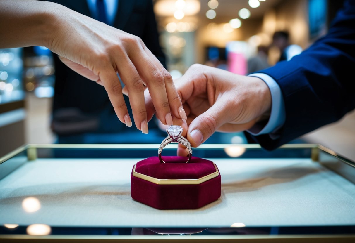 A couple's hands reaching for a sparkling engagement ring on a velvet display in a jewelry store