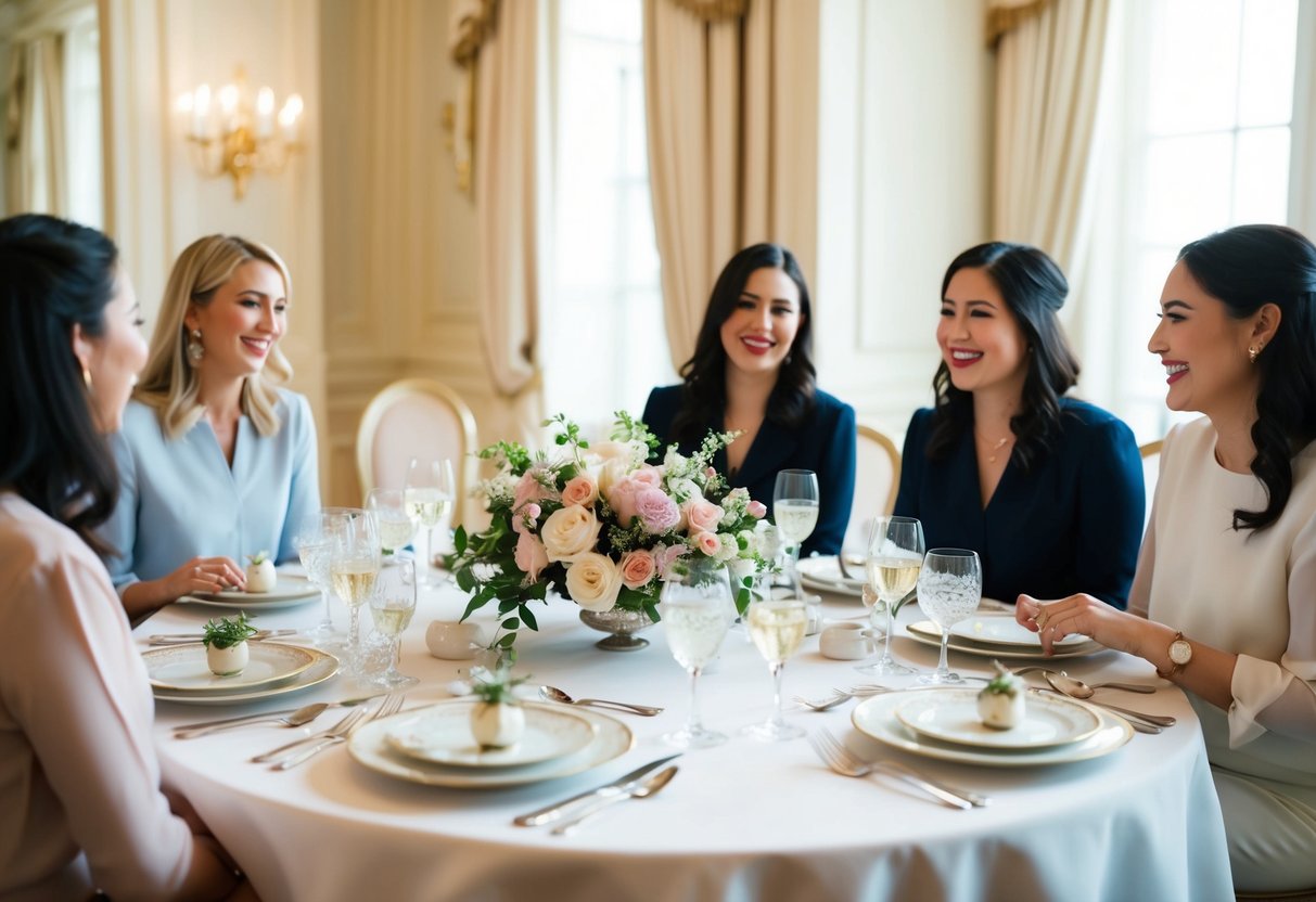 A table set with elegant place settings, floral centerpieces, and delicate china. A group of women chatting and laughing over a meal