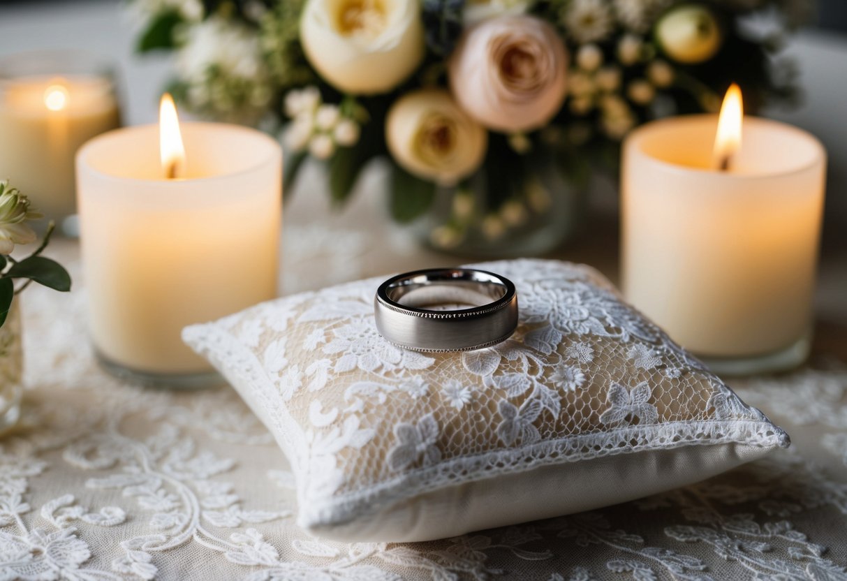 A wedding ring resting on a delicate lace pillow, surrounded by soft candlelight and elegant floral arrangements