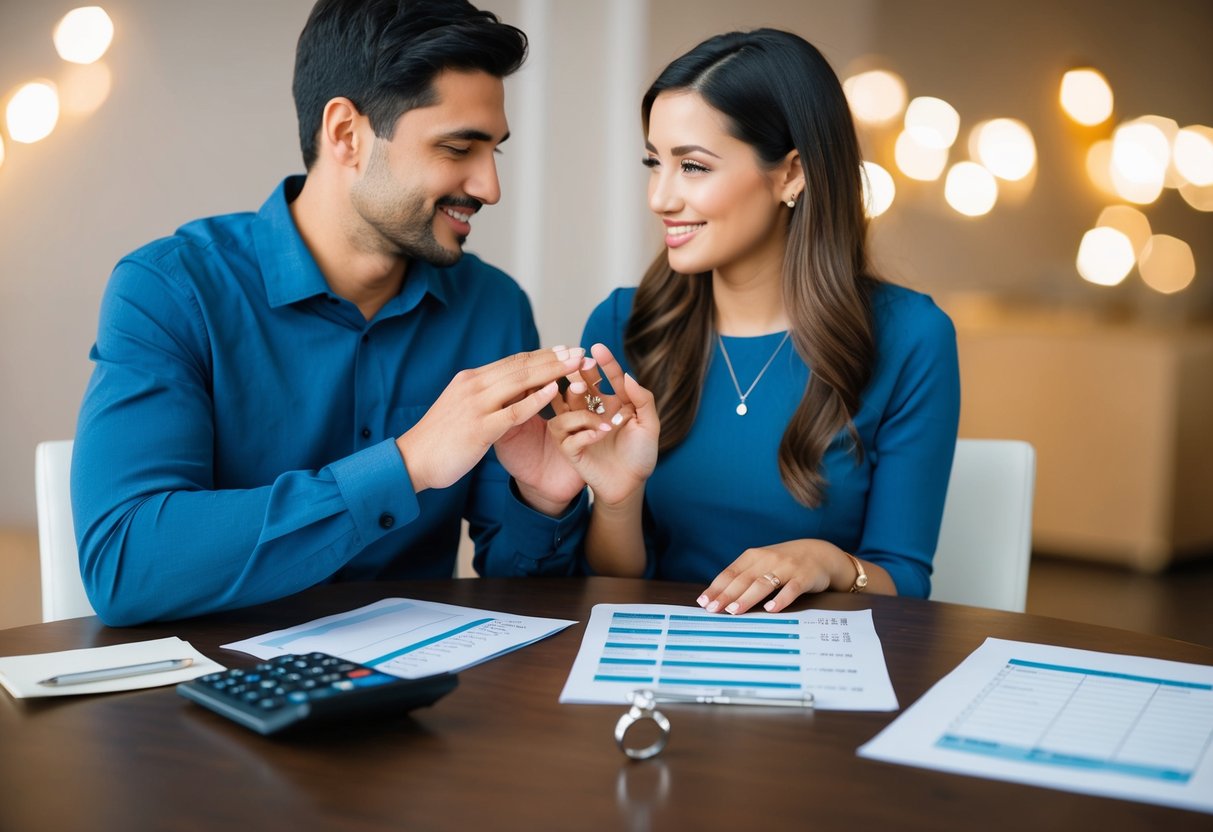 A couple sits at a table, discussing engagement rings. They both hold hands and look at a ring on the table. A calculator and budget sheet are spread out in front of them
