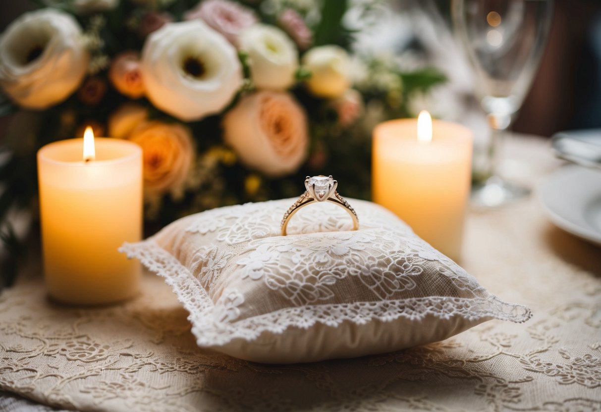 A bride's engagement ring rests on a delicate lace pillow, surrounded by flowers and candles, during the wedding ceremony