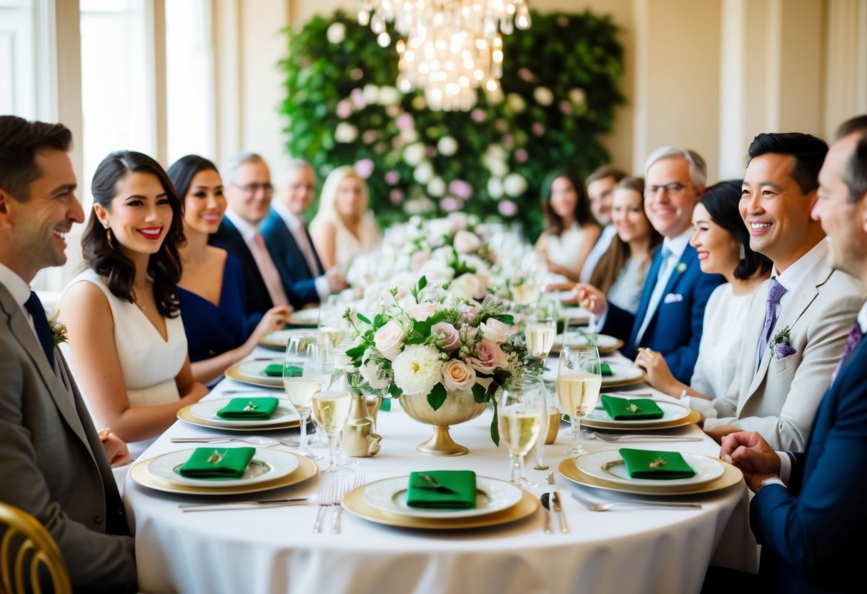A table set with elegant place settings and floral centerpieces, surrounded by happy guests enjoying a meal and conversation