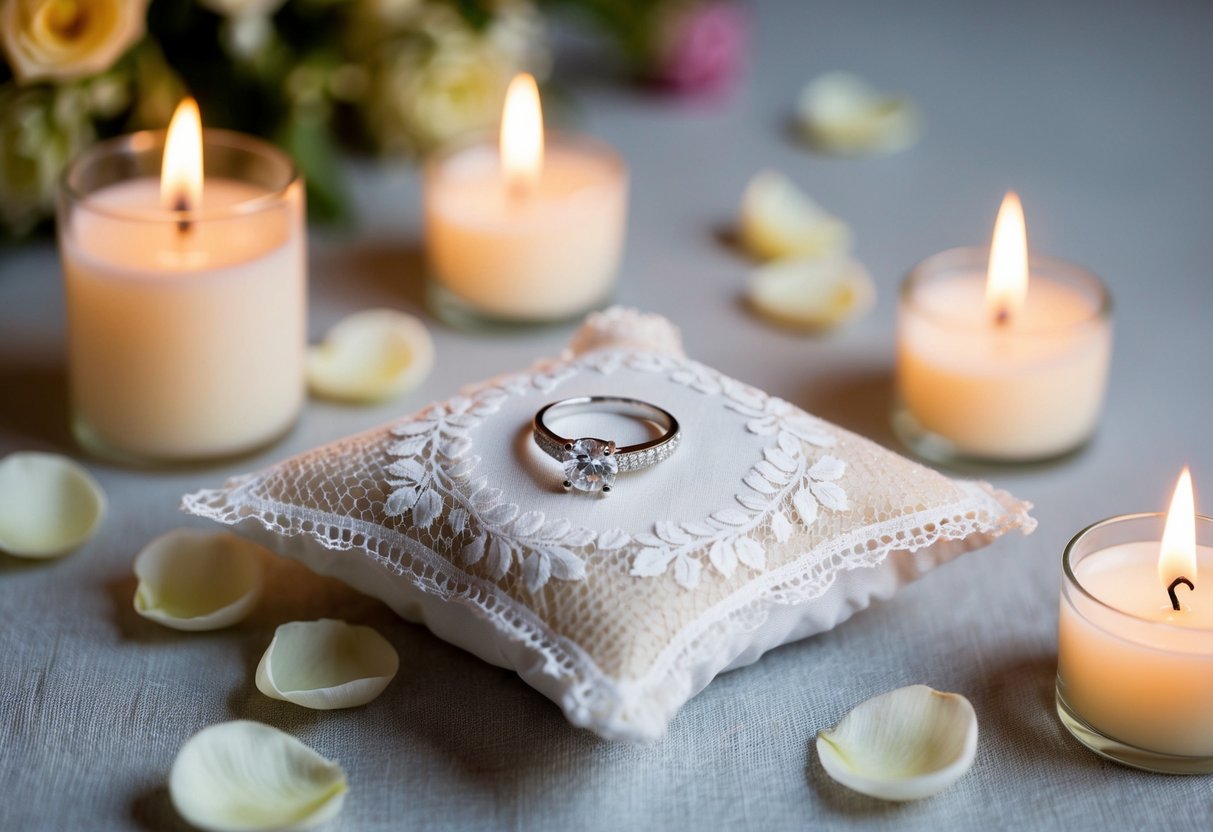 A bride's engagement ring sits on a delicate lace pillow, surrounded by soft candlelight and flower petals, as she prepares to exchange vows