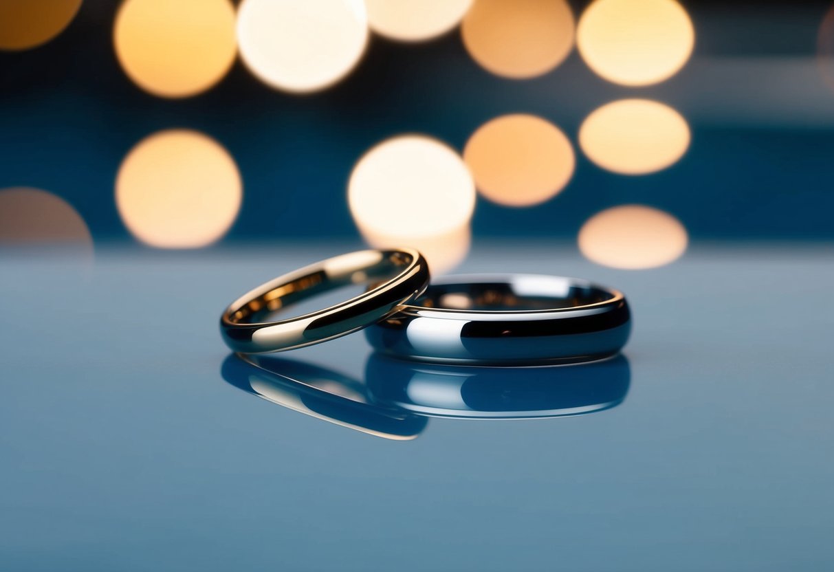 Two rings, one larger and one smaller, resting side by side on a smooth, reflective surface
