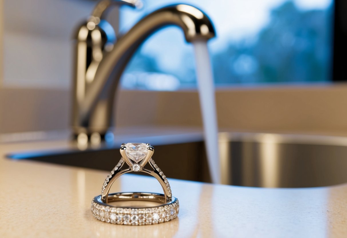 A sparkling engagement ring resting on a counter next to a running faucet