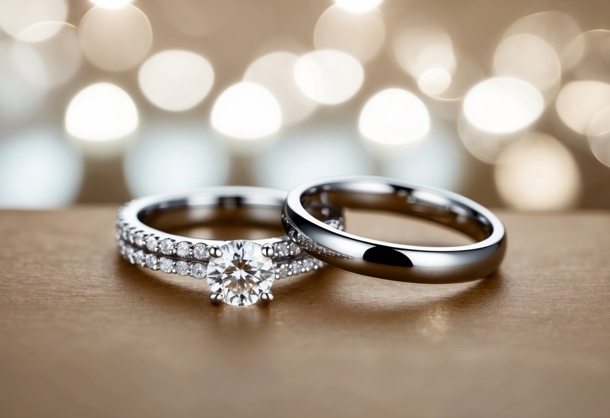 A sparkling engagement ring and wedding band sit side by side, their sizes perfectly matched, reflecting the love and unity of the couple