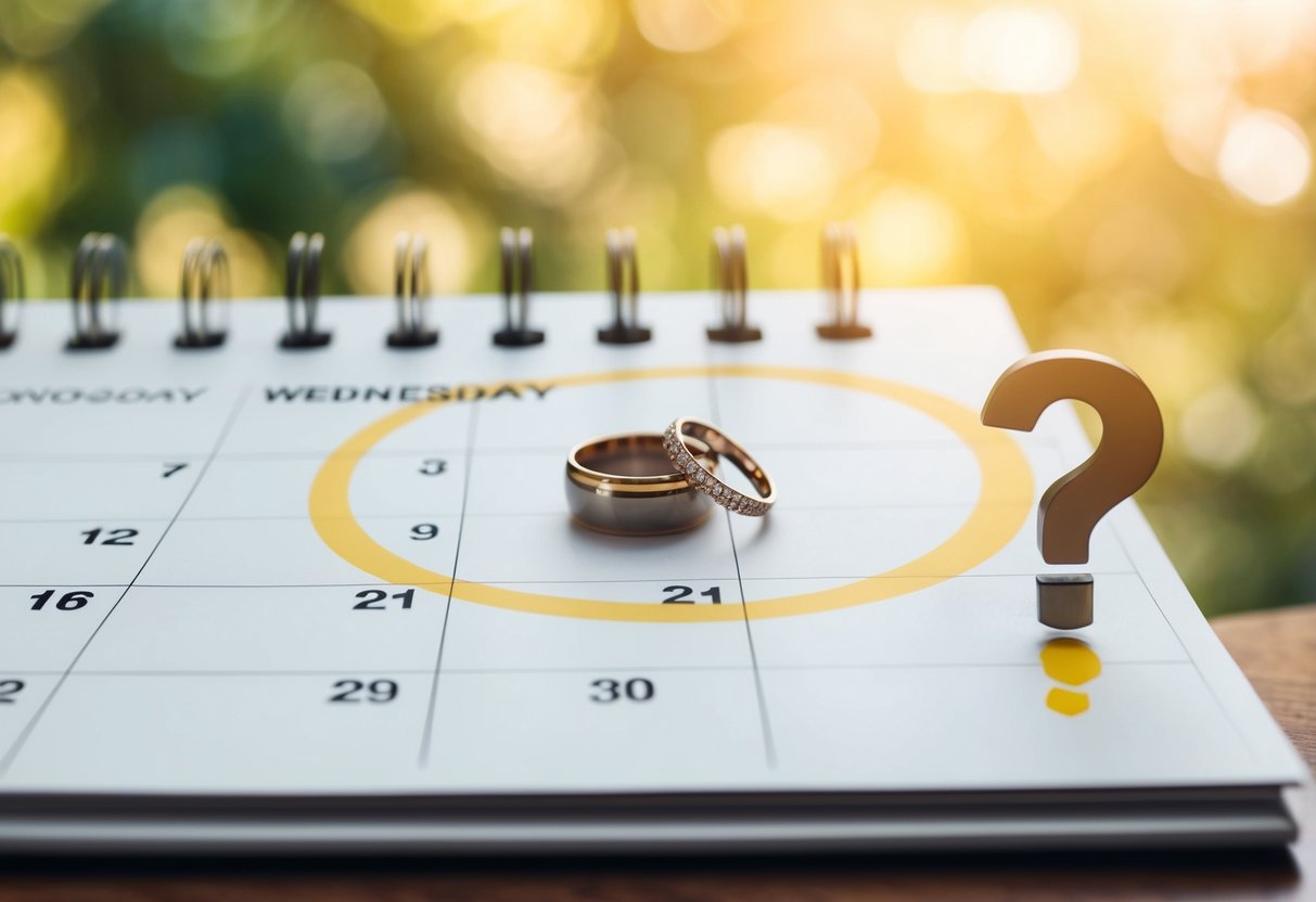 A calendar with a circle around Wednesday, a wedding ring, and a question mark