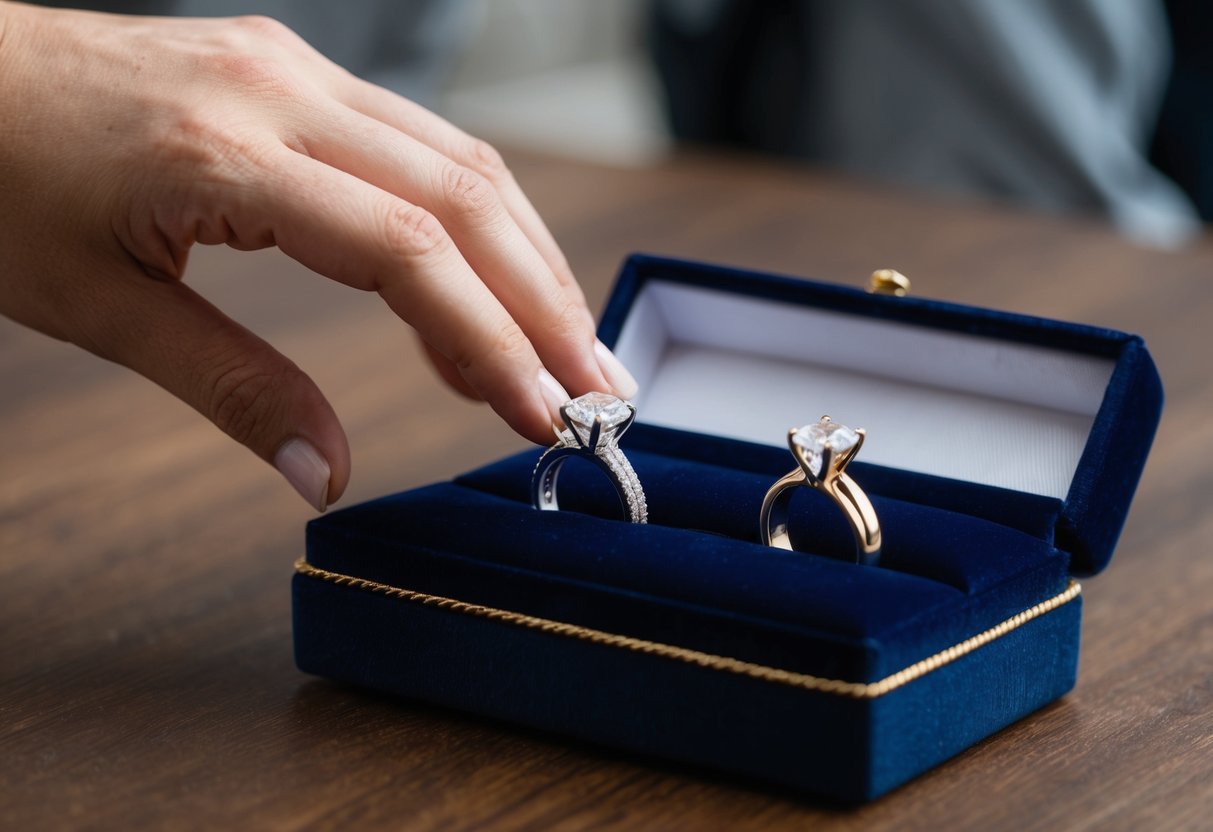 A hand reaching for two identical rings, one for engagement and one for marriage, displayed on a velvet cushion