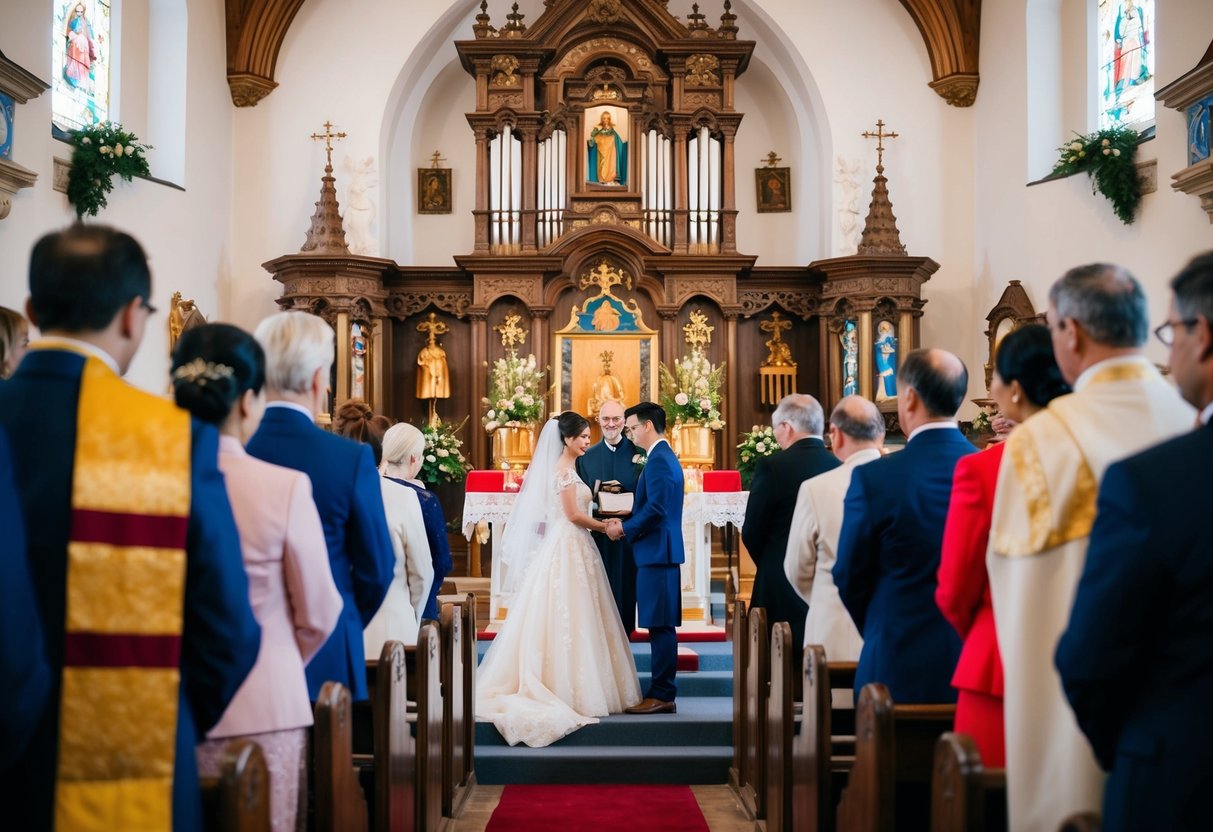 A traditional wedding ceremony taking place in a historic church, with ornate decorations and cultural symbols on a Wednesday afternoon