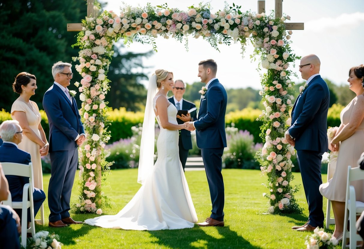 A bride and groom stand under a floral arch in a sunlit garden, surrounded by family and friends, as they exchange vows on their wedding day