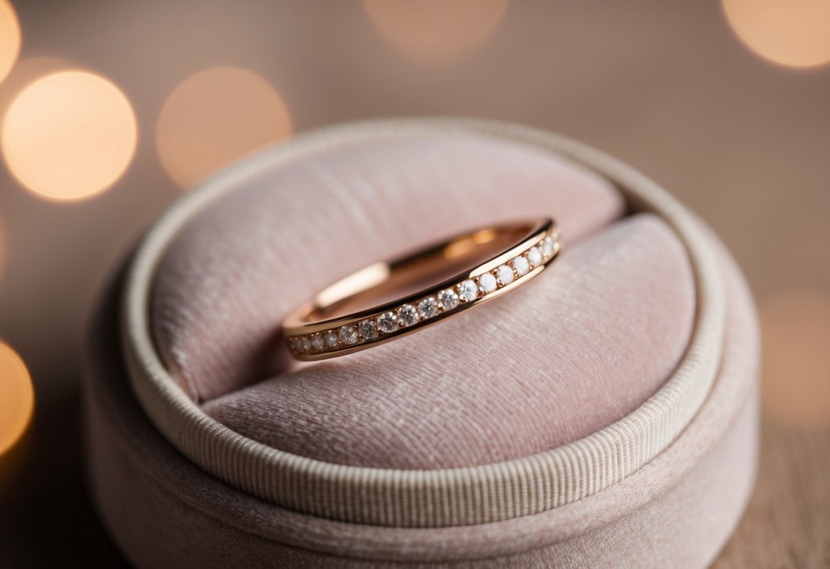 A delicate wedding band rests on a velvet cushion under soft, warm light. Its slender width exudes elegance and grace