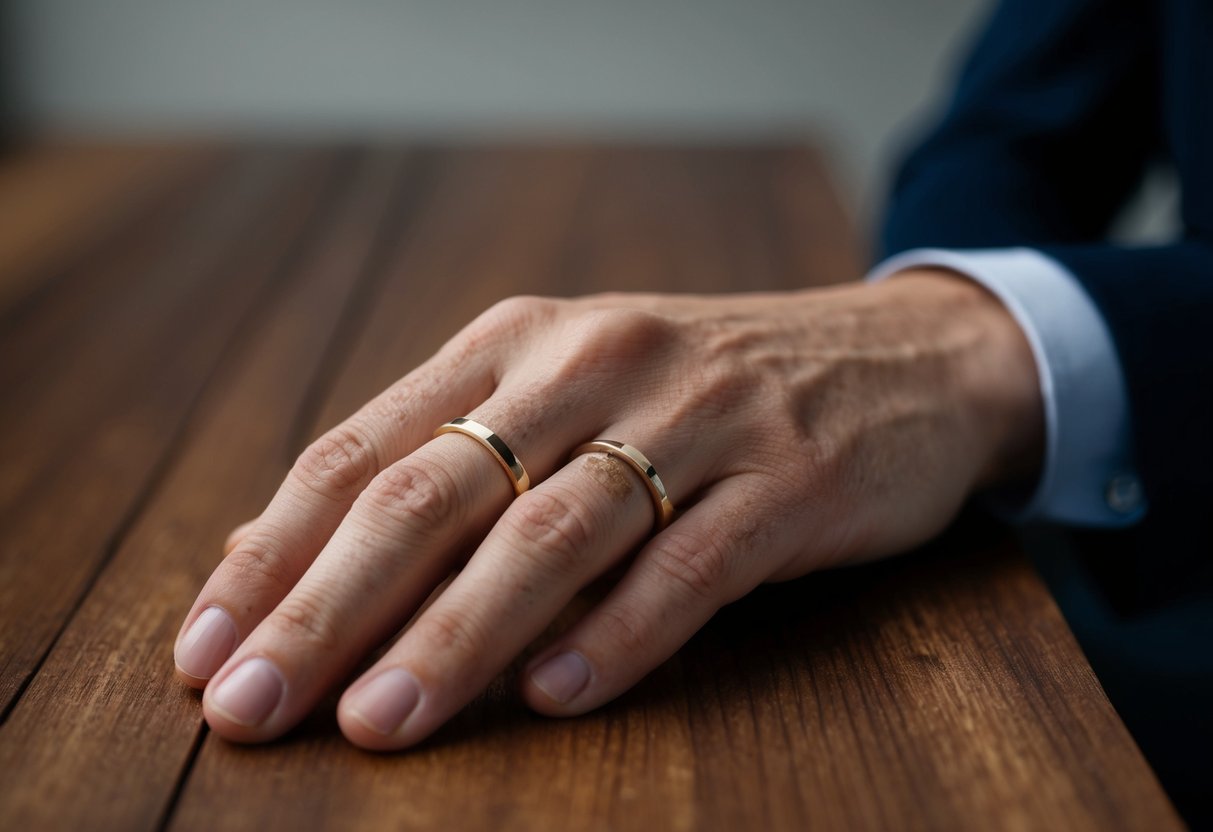 A man's hand rests on a wooden table, a simple gold band adorns his ring finger