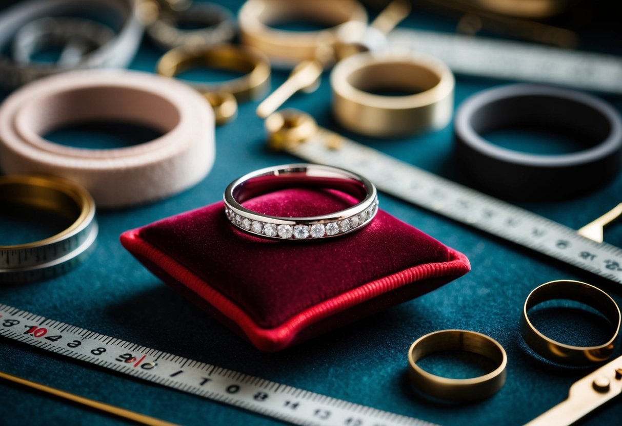 A slender wedding band rests on a velvet cushion, surrounded by measuring tools and various widths of bands