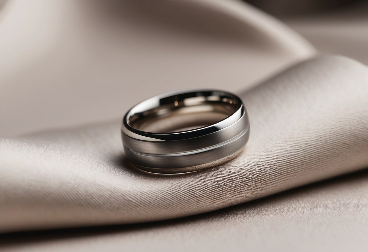 A sleek, elegant wedding band rests on a soft, luxurious fabric, showcasing the interplay of comfort and style
