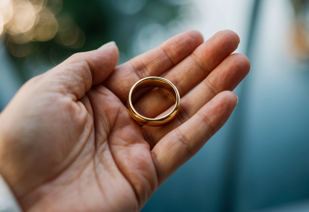 A hand holding a classic gold band wedding ring