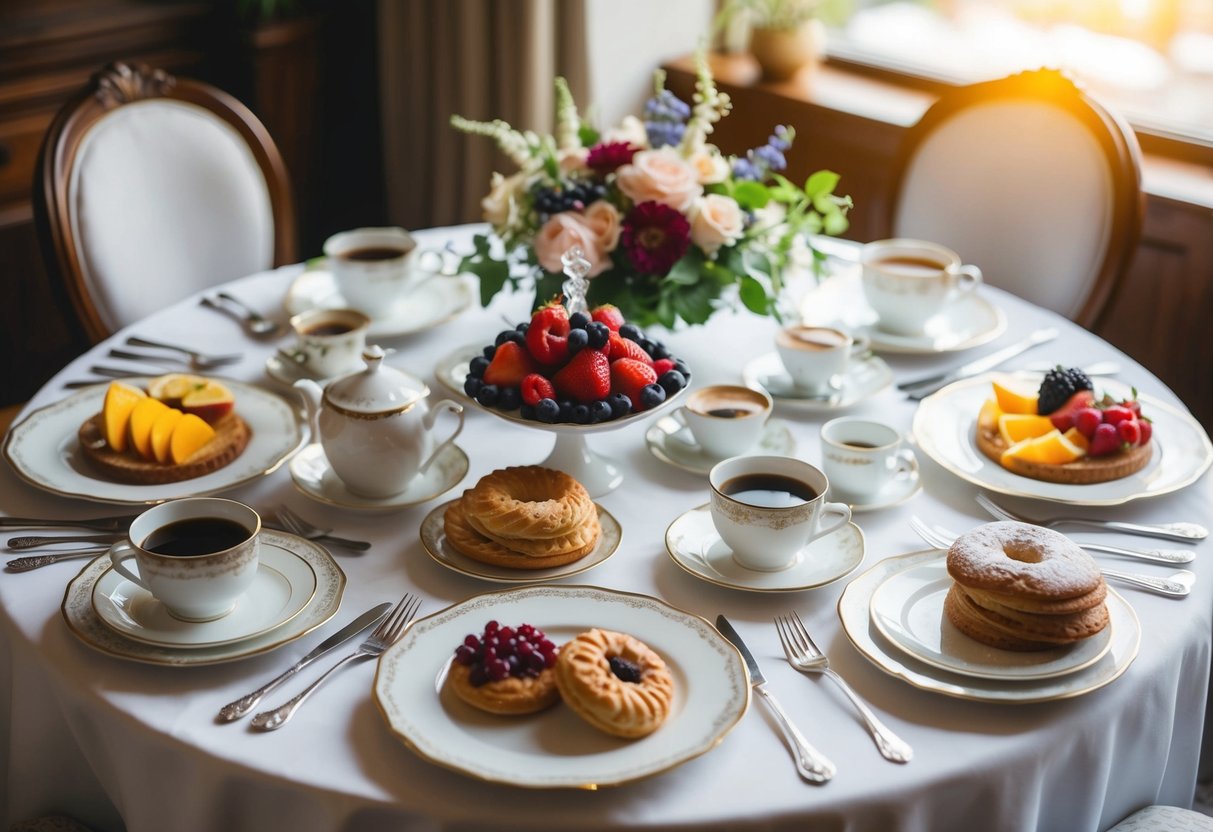 A beautifully decorated table with elegant place settings and a variety of breakfast foods, such as pastries, fruits, and coffee