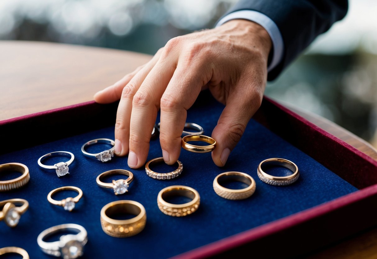 A man's hand reaching for a simple gold band among a variety of wedding rings displayed on a velvet-lined tray