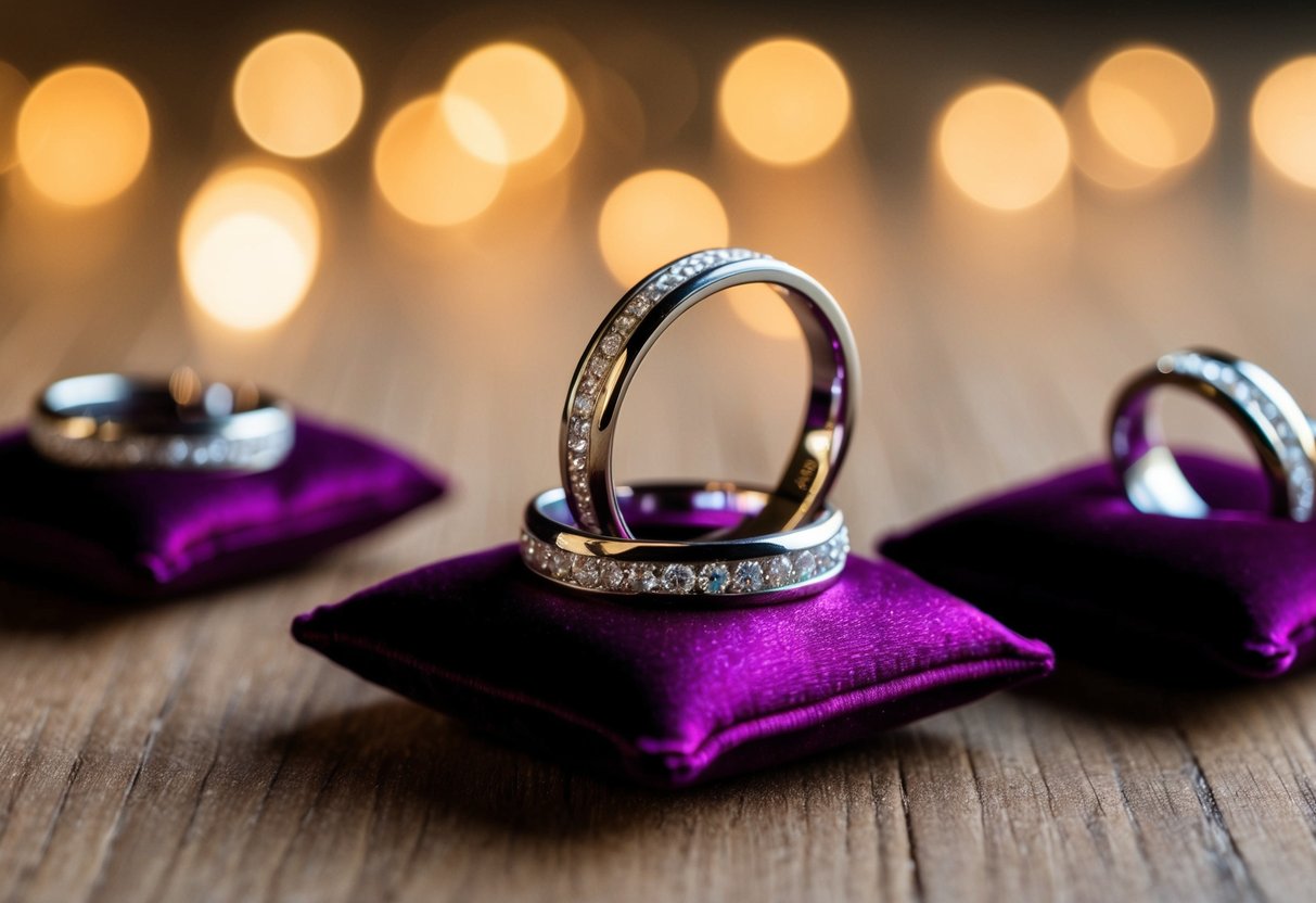 A slender wedding band rests on a velvet cushion, surrounded by other delicate bands, under soft, warm lighting