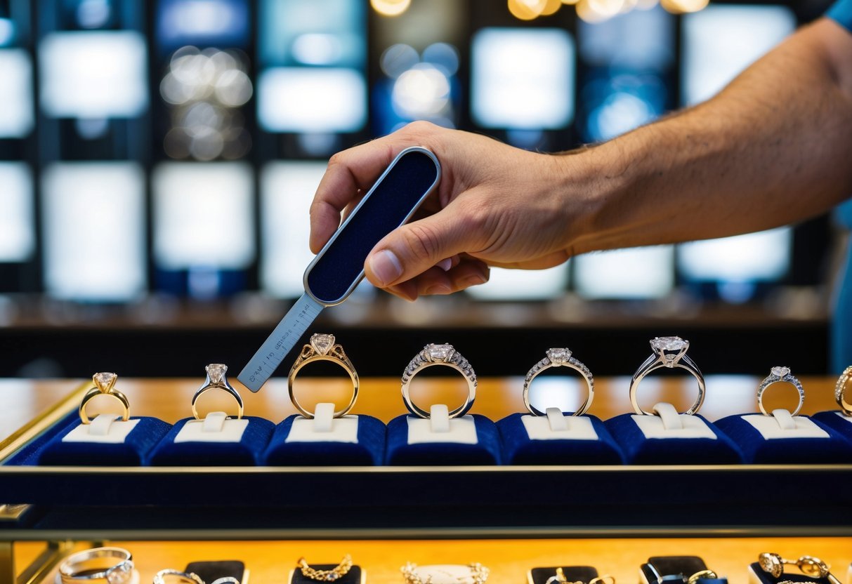 A man's hand holding a sizing tool against a variety of wedding ring styles displayed on a jeweler's counter