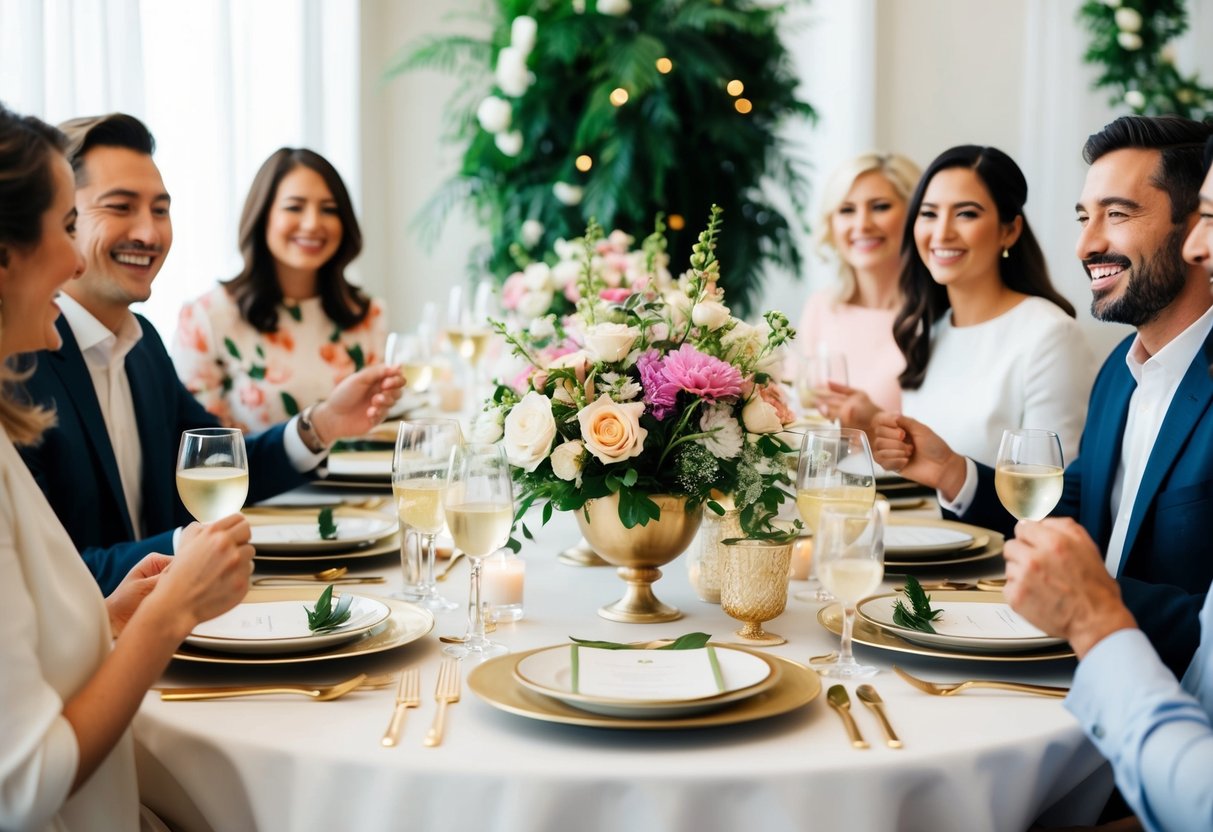 A beautifully set table with elegant place settings and floral centerpieces, surrounded by happy guests enjoying a meal together