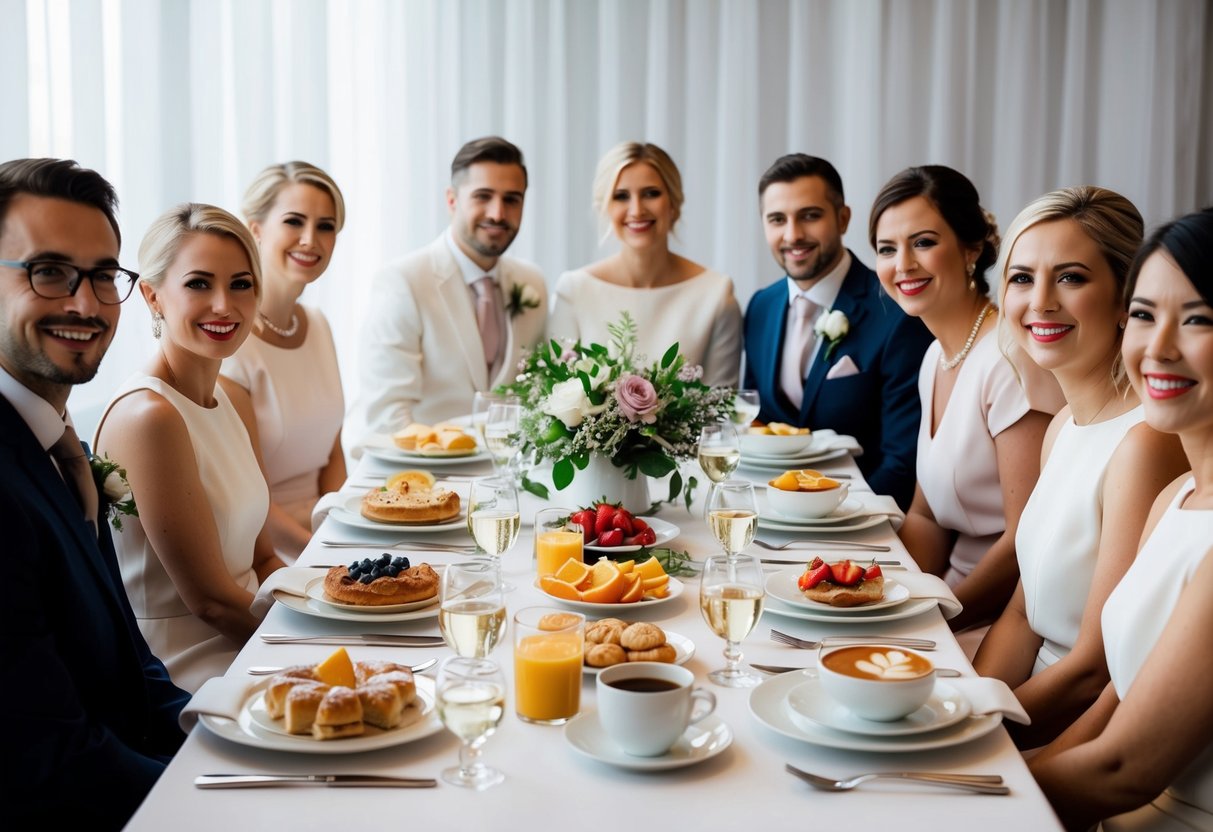 A table set with elegant place settings and a variety of breakfast foods, such as pastries, fruit, and coffee, surrounded by happy wedding planners