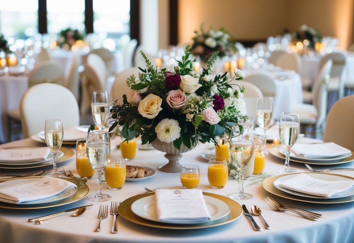 A beautifully set table with elegant place settings, floral centerpieces, and a variety of food and drink options, ready for a wedding breakfast