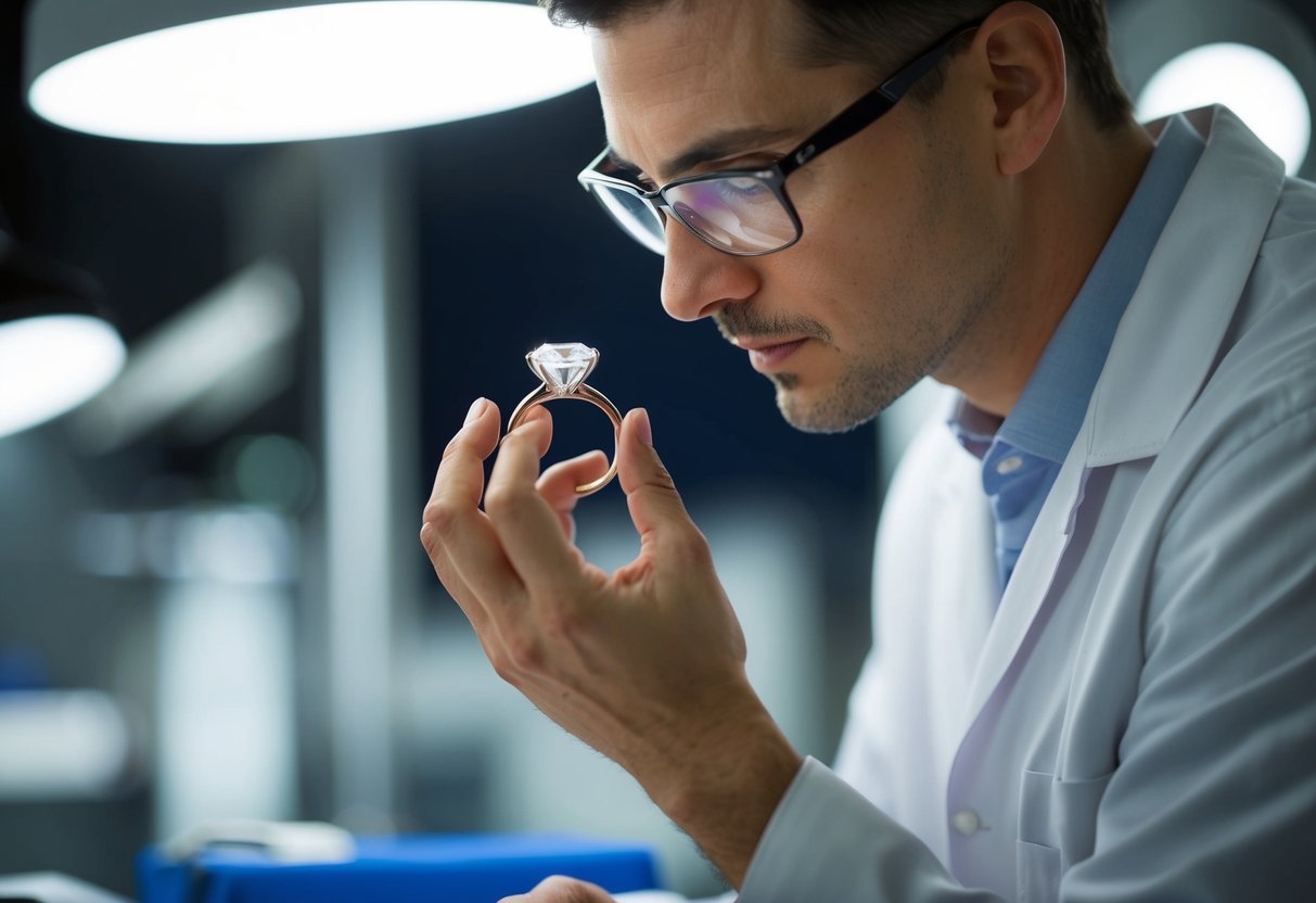 A jeweler carefully inspects a sparkling diamond ring under bright overhead lights