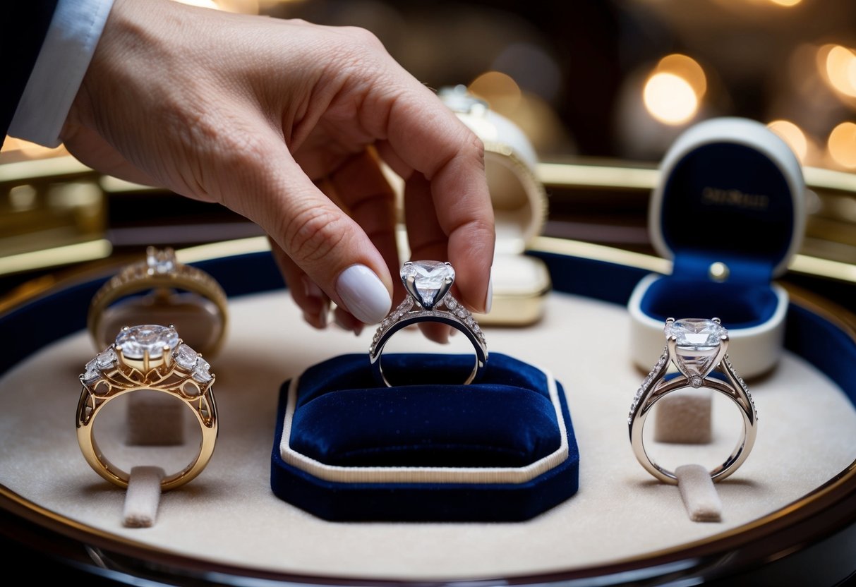 A sparkling wedding ring being placed on a velvet jewelry tray, surrounded by other elegant rings in a luxurious display case