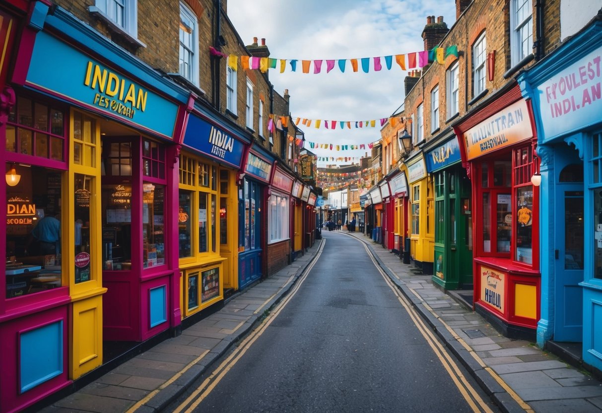 A bustling street in Colchester, Essex, lined with vibrant Indian restaurants, each adorned with colorful signs and aromatic scents wafting from their open doors