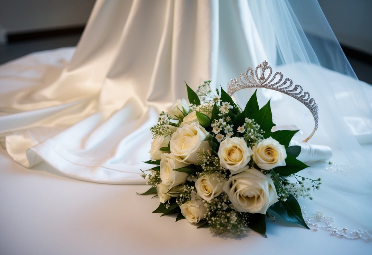 A bride's wedding day essentials: a flowing white gown, a delicate veil, a bouquet of flowers, and a sparkling tiara or headpiece