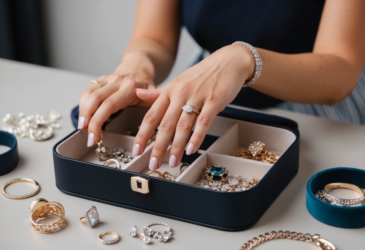 A woman's hand reaches into a cluttered jewelry box, searching for a missing wedding ring among scattered earrings and bracelets