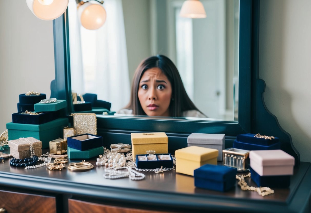 A cluttered dresser with scattered jewelry boxes and a distressed expression on a face in a mirror