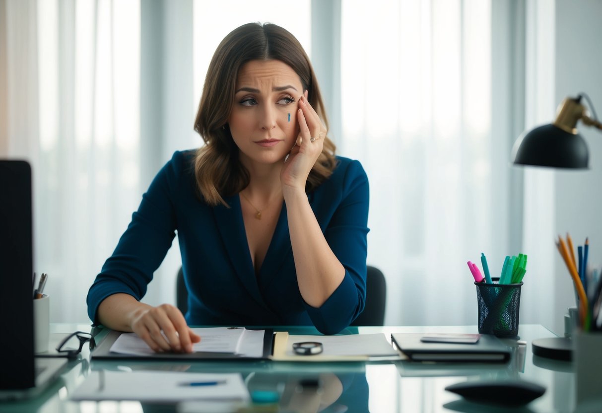 A woman sits at a cluttered desk, staring at her empty finger. A single tear rolls down her cheek as she contemplates how to tell her husband about her lost wedding ring